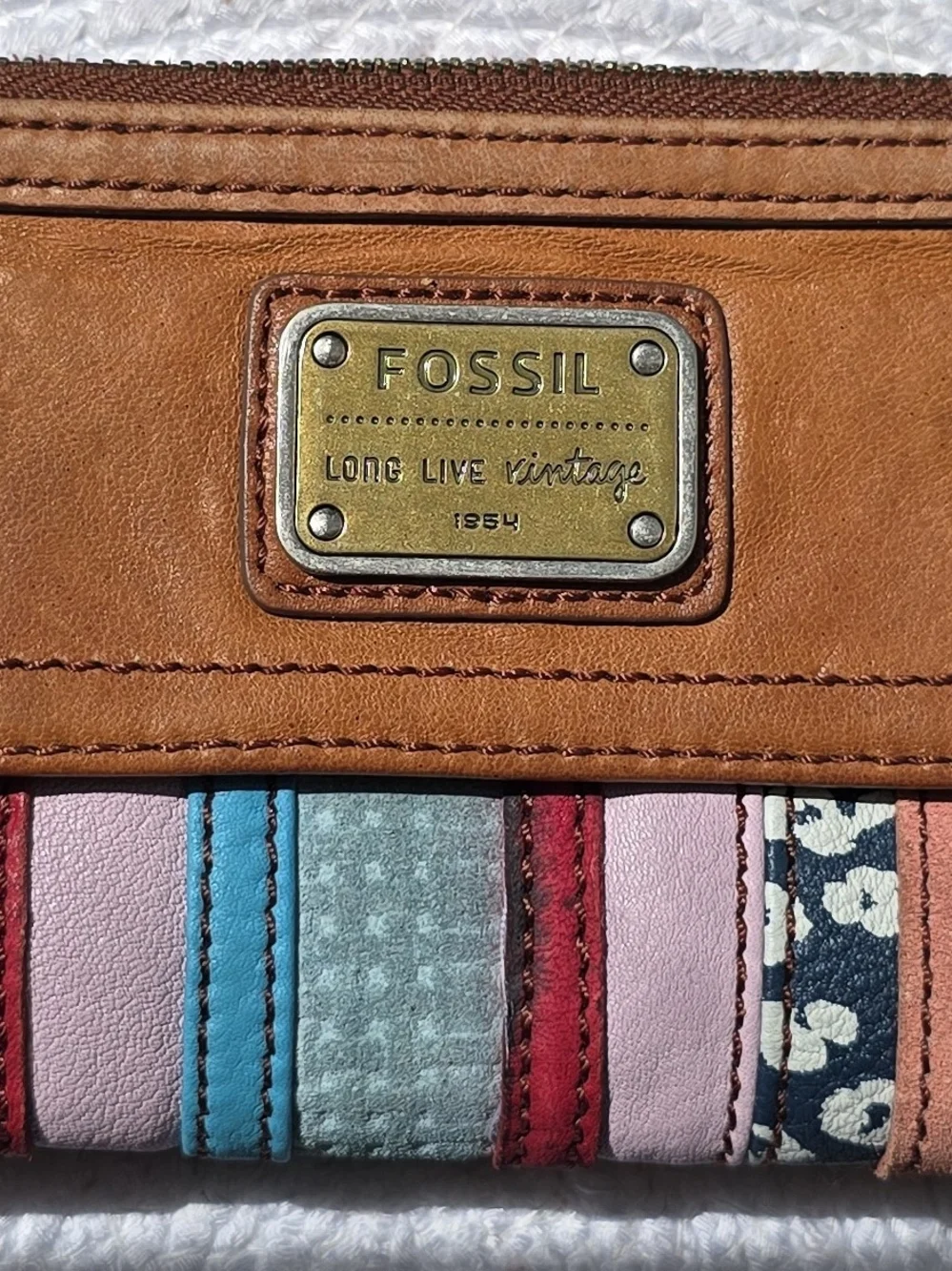 Fossil Emory Patchwork Stripe Wallet Long Live Vintage 1954 Leather Clutch VG